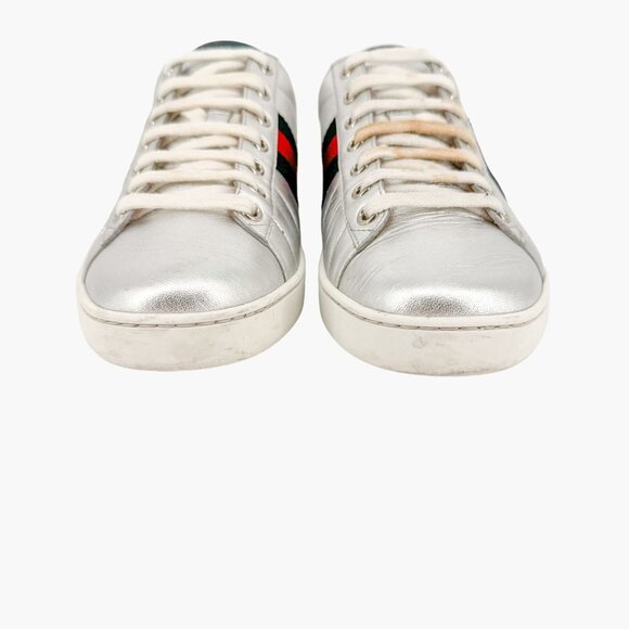 Gucci Ace Web Stripe Sneaker EU 38.5 US 8.5 Metallic Silver Leather Low Top Shoe - Picture 5 of 12